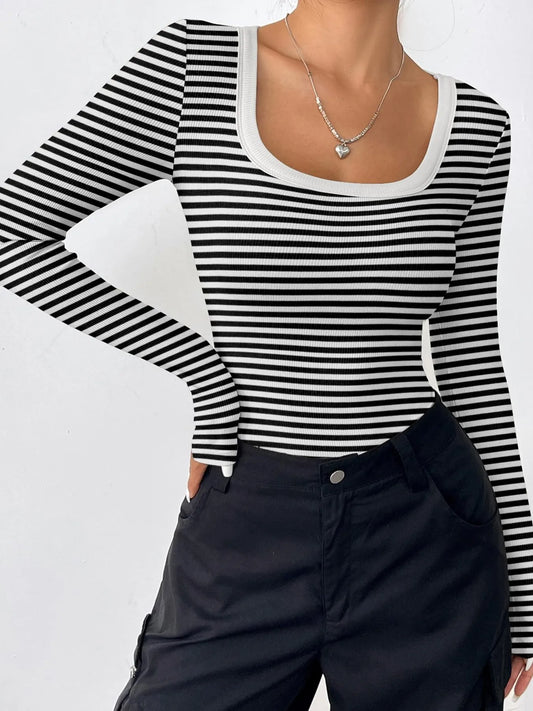 Striped Long Sleeve Scoop Neck T Shirt