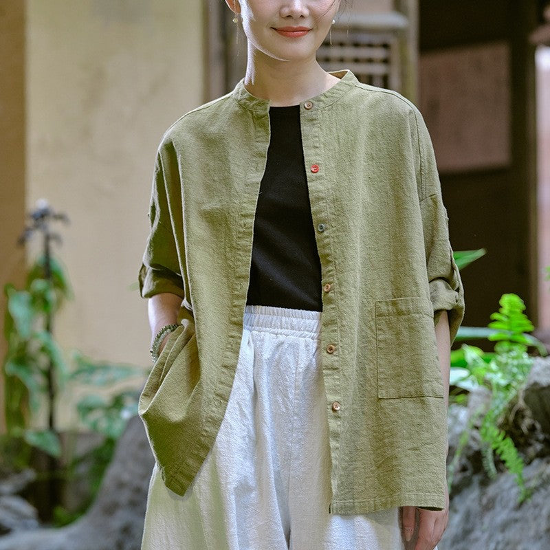 Relaxed Linen Cotton Solid Color Cardigan