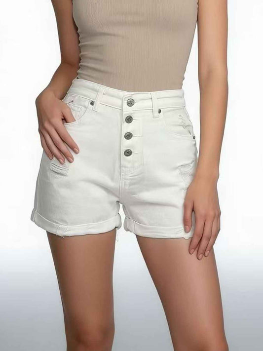 High-Waisted Button-Fly Distressed Denim Shorts