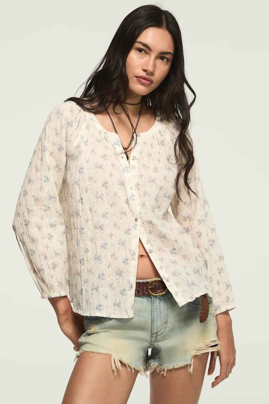 [157828-100] WOMENS LUCKY BRAND LONG SLEEVE BUTTON BLOUSE - CREAM FLORAL