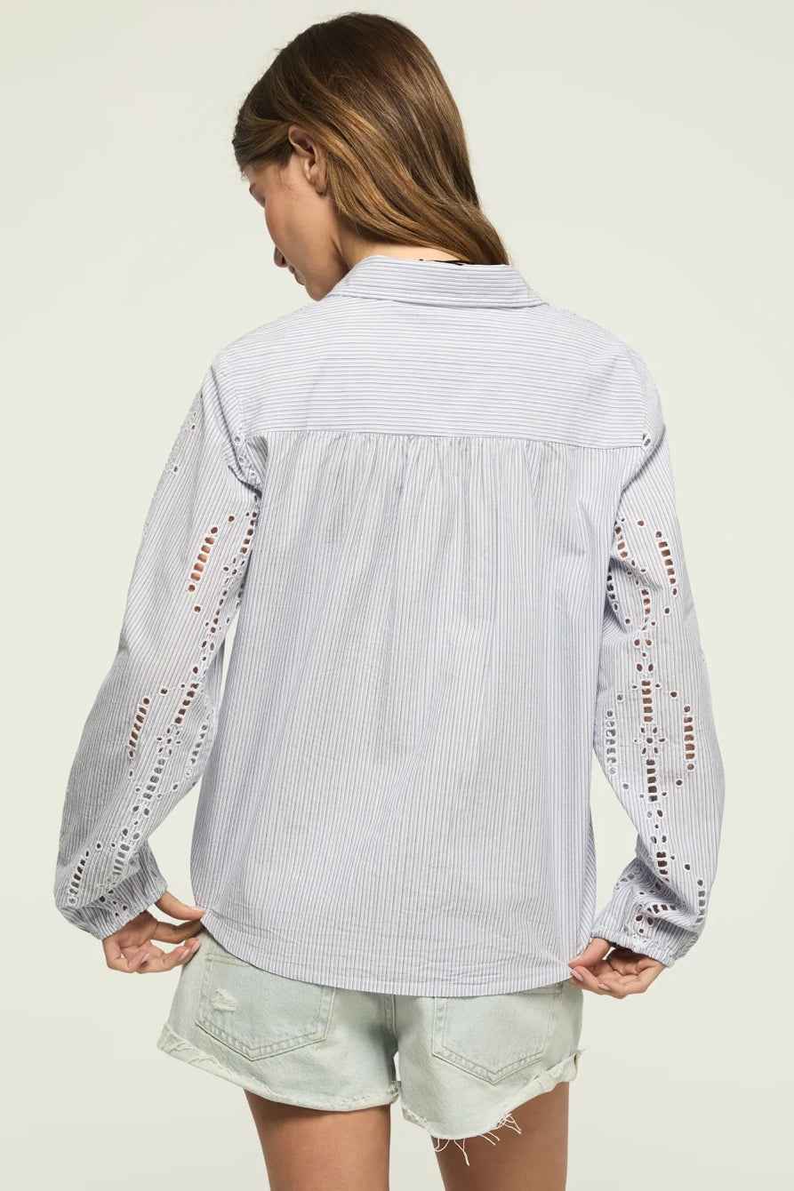 [157841-420] WOMENS LUCKY BRAND CUTWORK LONG SLEEVE BUTTON DOWN - BLUE STRIPE