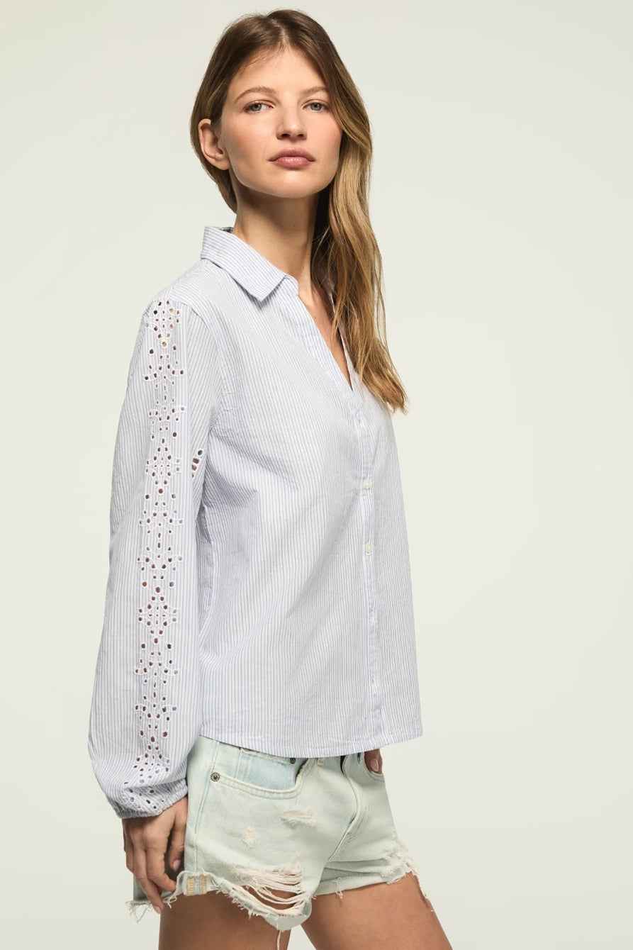 [157841-420] WOMENS LUCKY BRAND CUTWORK LONG SLEEVE BUTTON DOWN - BLUE STRIPE
