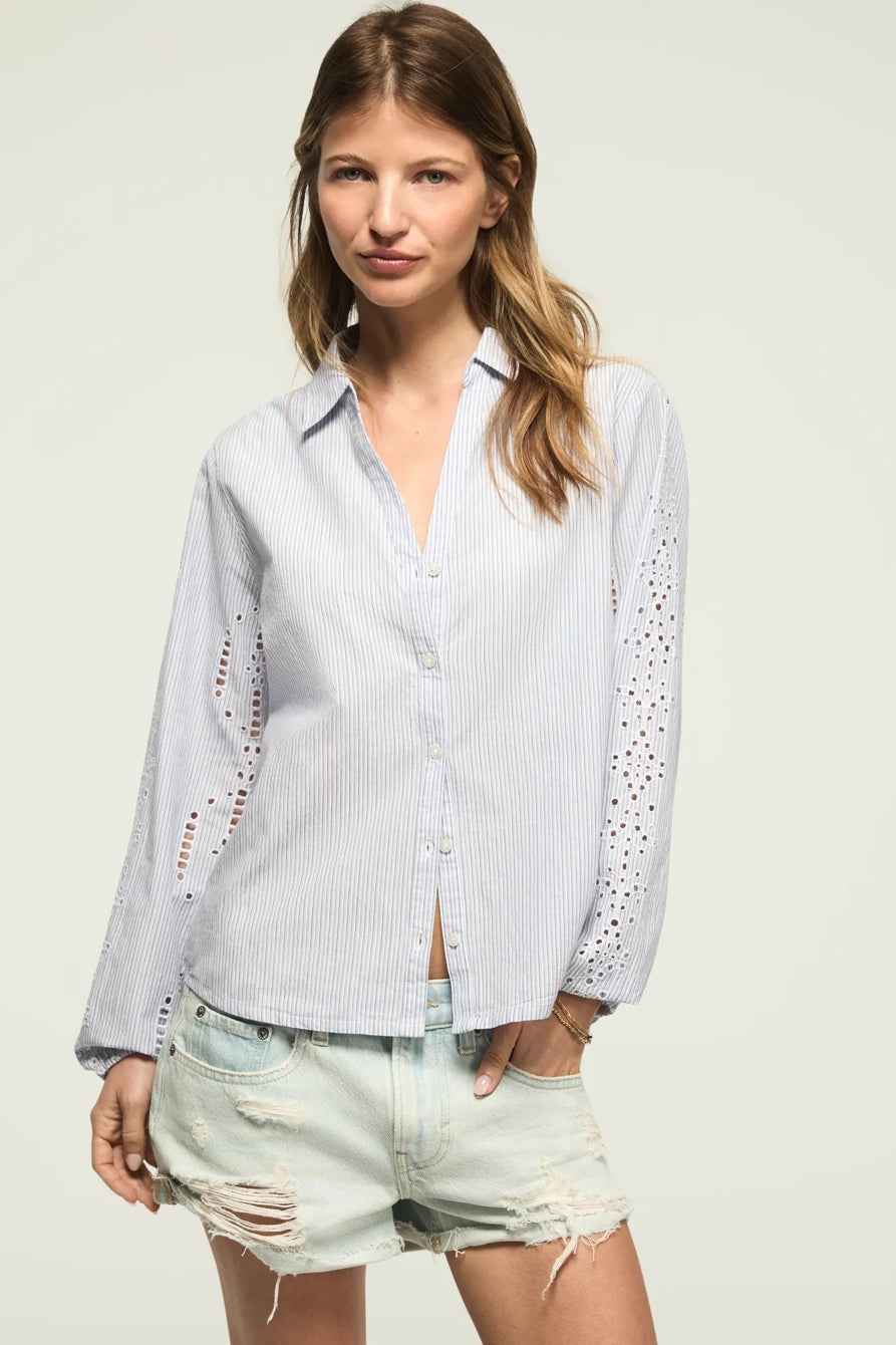 [157841-420] WOMENS LUCKY BRAND CUTWORK LONG SLEEVE BUTTON DOWN - BLUE STRIPE