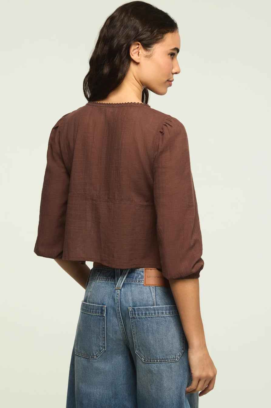[157942-200] WOMENS LUCKY BRAND FESTIVAL CUTWORK FLYAWAY BLOUSE - FRENCH ROAST