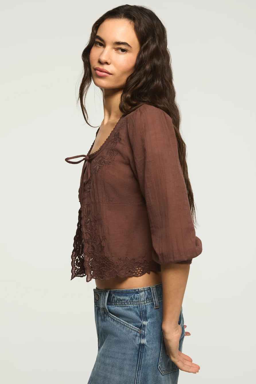 [157942-200] WOMENS LUCKY BRAND FESTIVAL CUTWORK FLYAWAY BLOUSE - FRENCH ROAST