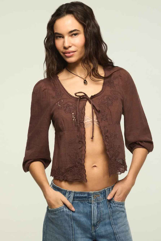 [157942-200] WOMENS LUCKY BRAND FESTIVAL CUTWORK FLYAWAY BLOUSE - FRENCH ROAST