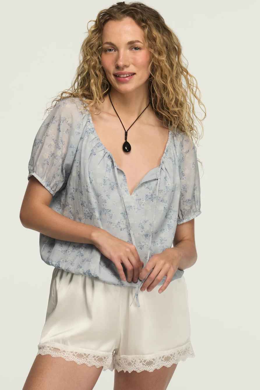 [157946-420] WOMENS LUCKY BRAND SHORT SLEEVE BUBBLE TOP - BLUE FLORAL