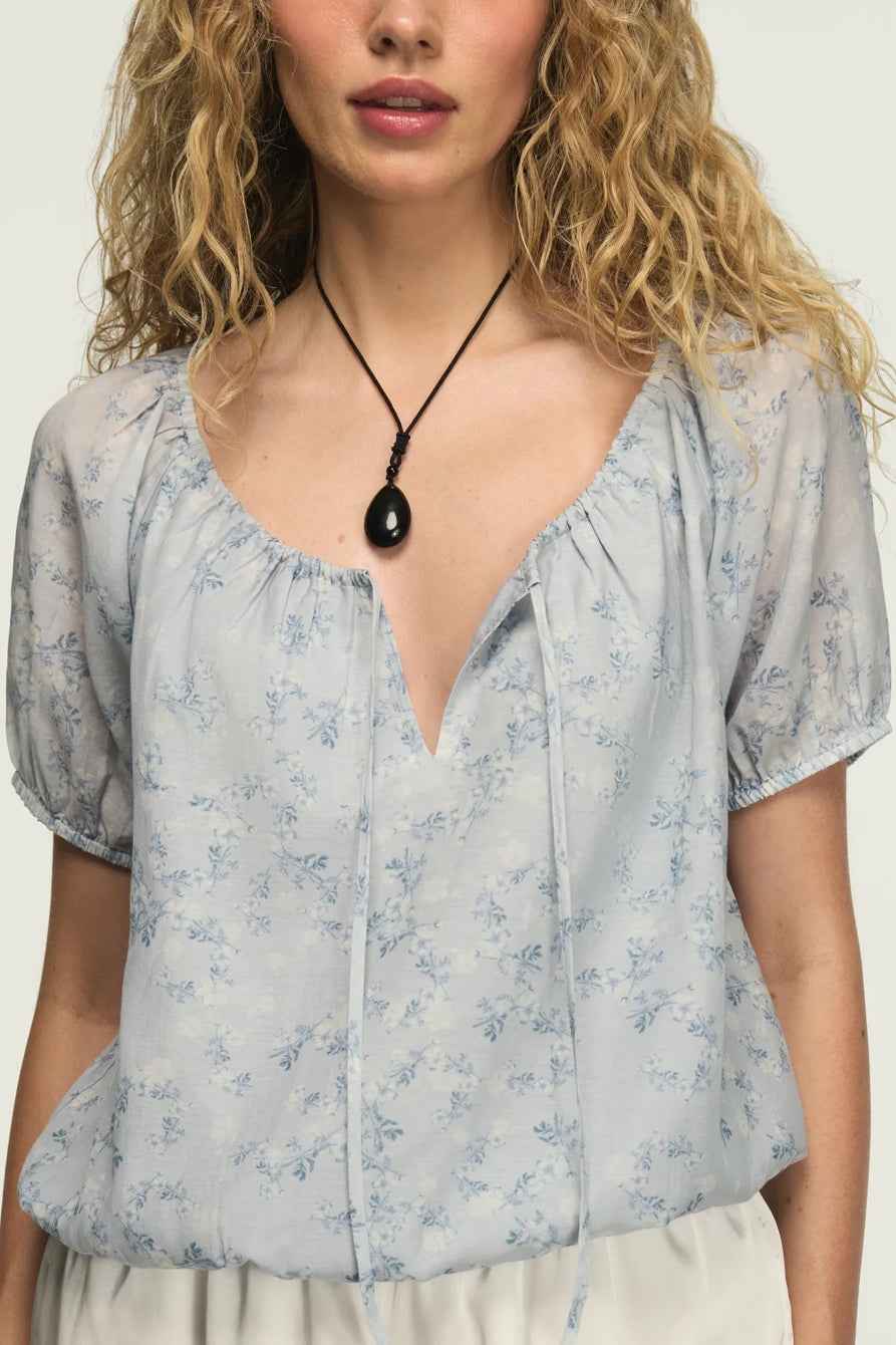 [157946-420] WOMENS LUCKY BRAND SHORT SLEEVE BUBBLE TOP - BLUE FLORAL