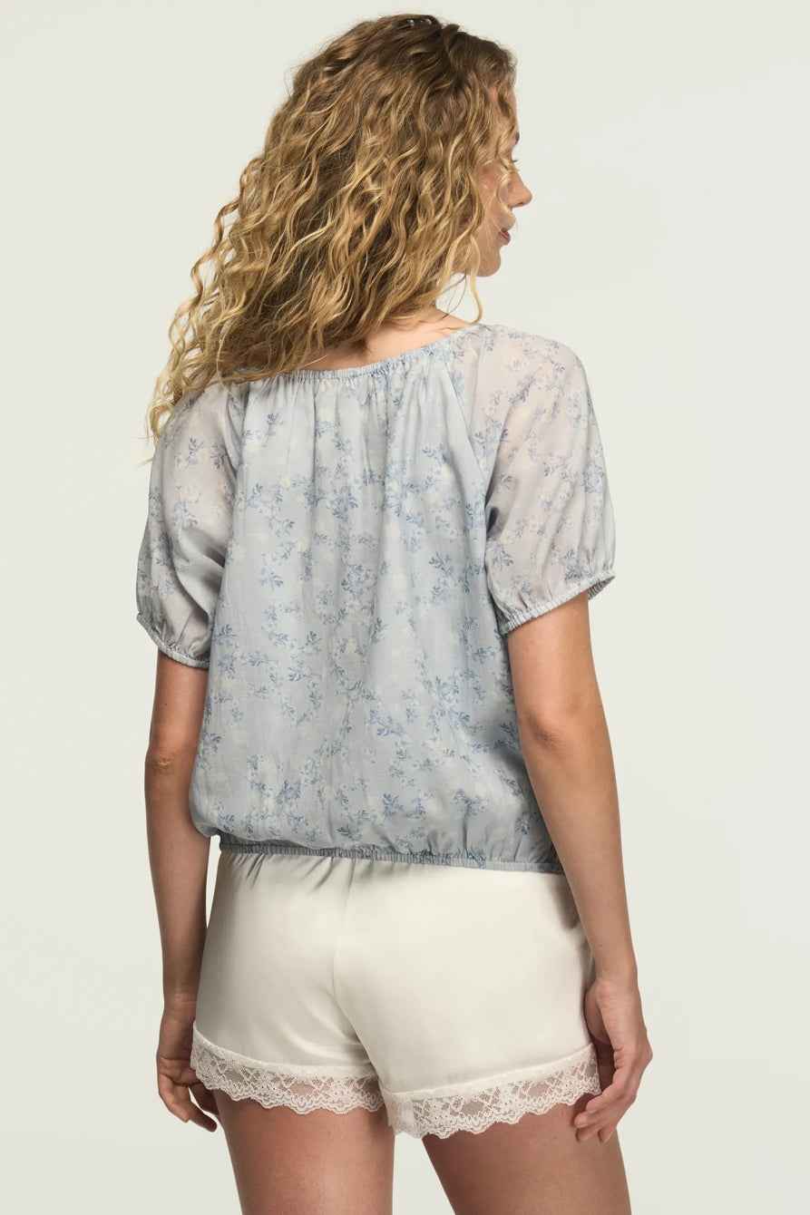[157946-420] WOMENS LUCKY BRAND SHORT SLEEVE BUBBLE TOP - BLUE FLORAL