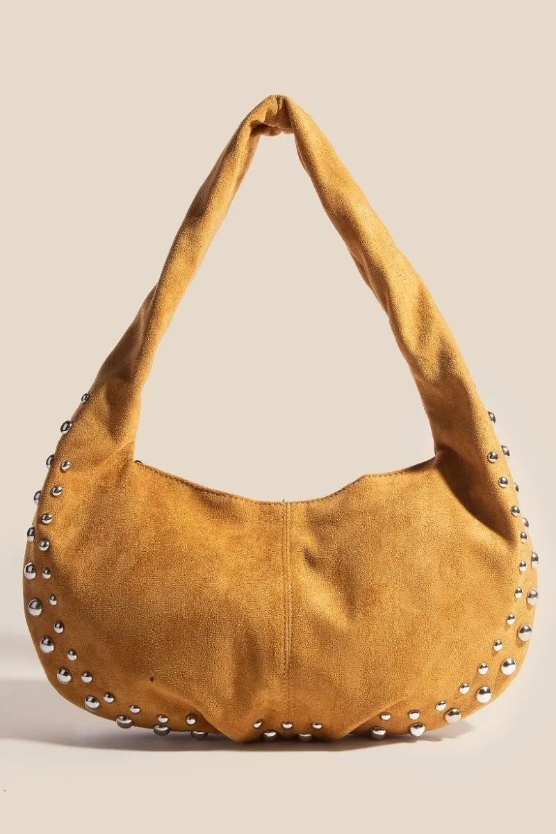 Fame Metallic Studded Faux Suede Hobo Shoulder Handbag