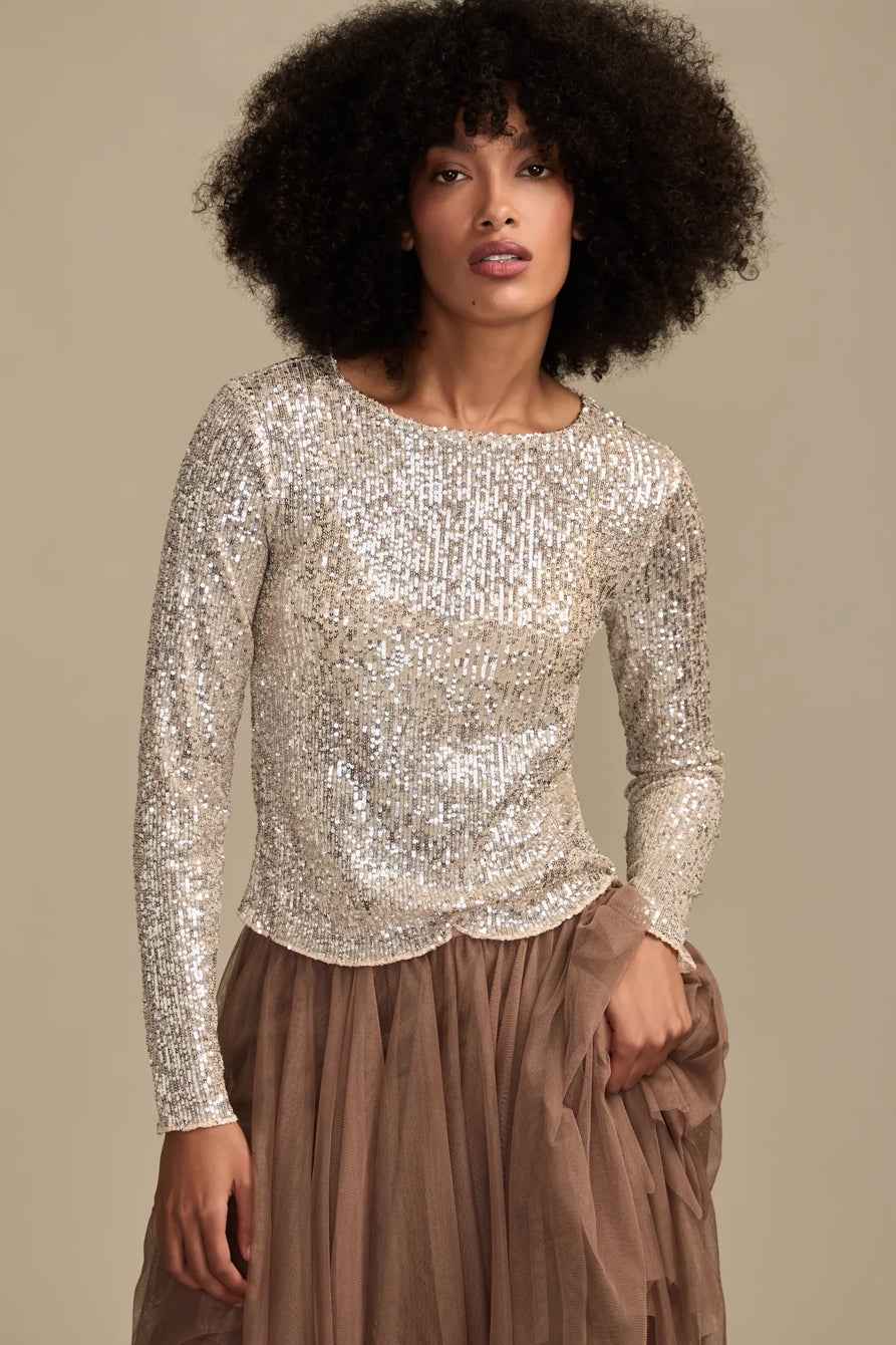 [160248-680] WOMENS LUCKY BRAND SEQUIN LONG SLEEVE TOP - CHAMPAGNE SEQUIN