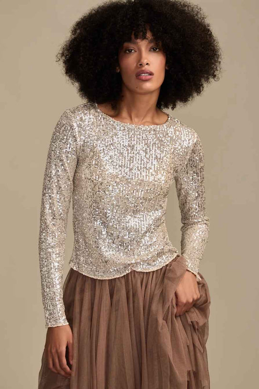 [160248-680] WOMENS LUCKY BRAND SEQUIN LONG SLEEVE TOP - CHAMPAGNE SEQUIN