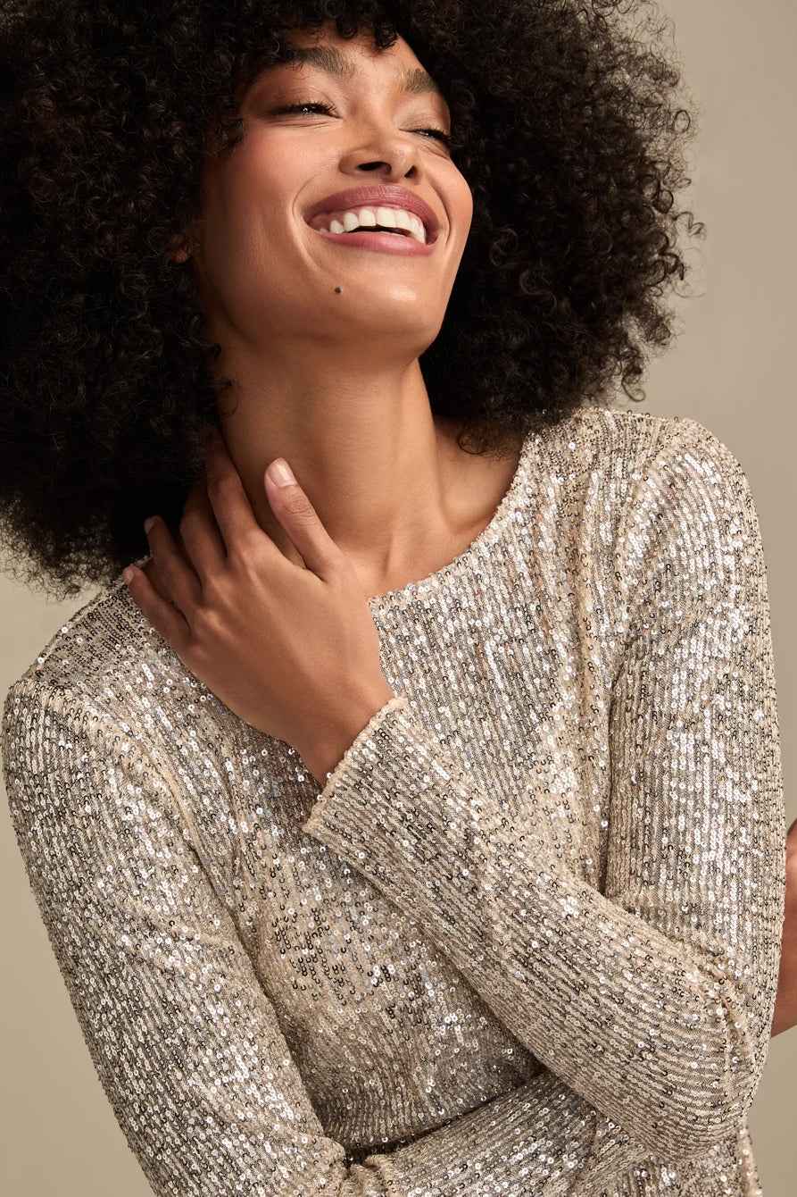 [160248-680] WOMENS LUCKY BRAND SEQUIN LONG SLEEVE TOP - CHAMPAGNE SEQUIN