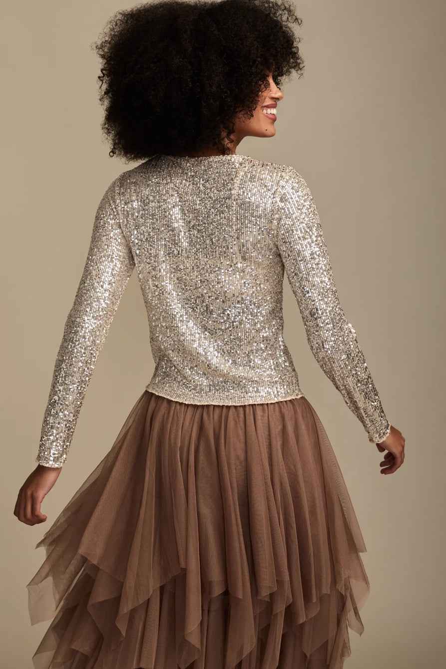 [160248-680] WOMENS LUCKY BRAND SEQUIN LONG SLEEVE TOP - CHAMPAGNE SEQUIN