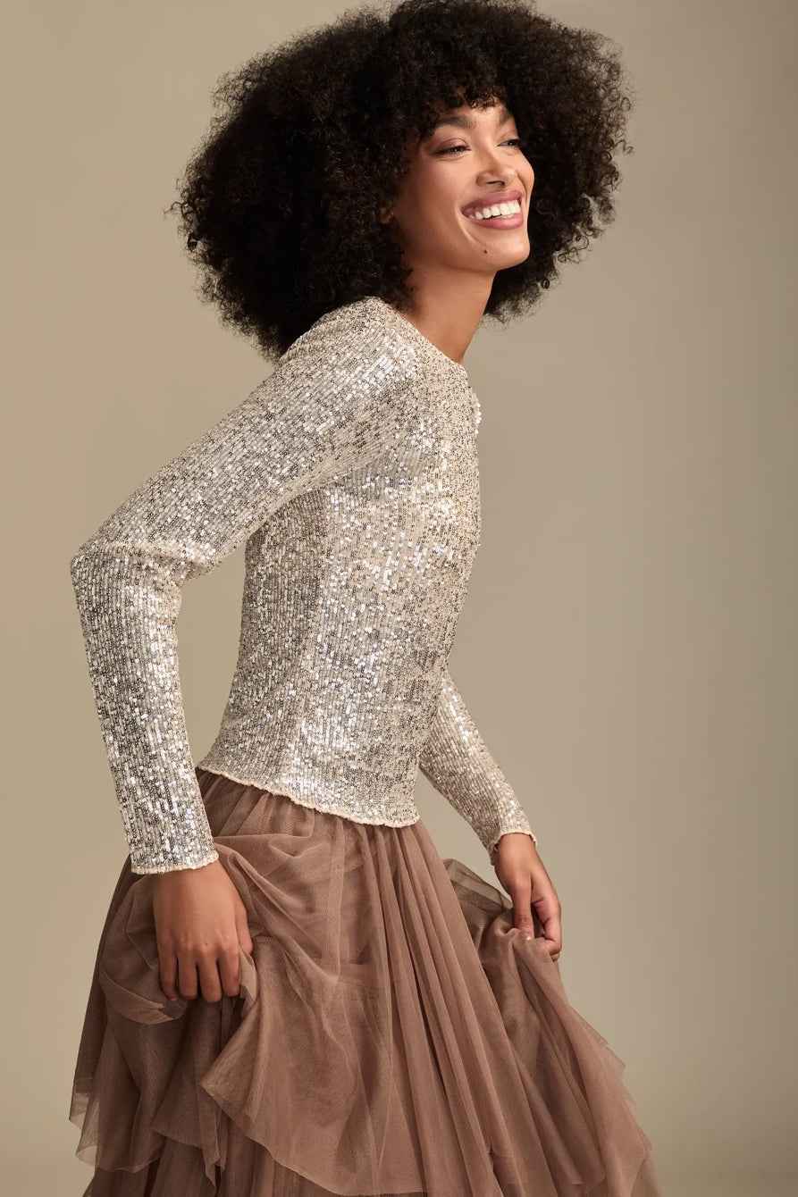 [160248-680] WOMENS LUCKY BRAND SEQUIN LONG SLEEVE TOP - CHAMPAGNE SEQUIN