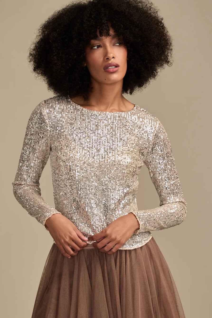 [160248-680] WOMENS LUCKY BRAND SEQUIN LONG SLEEVE TOP - CHAMPAGNE SEQUIN
