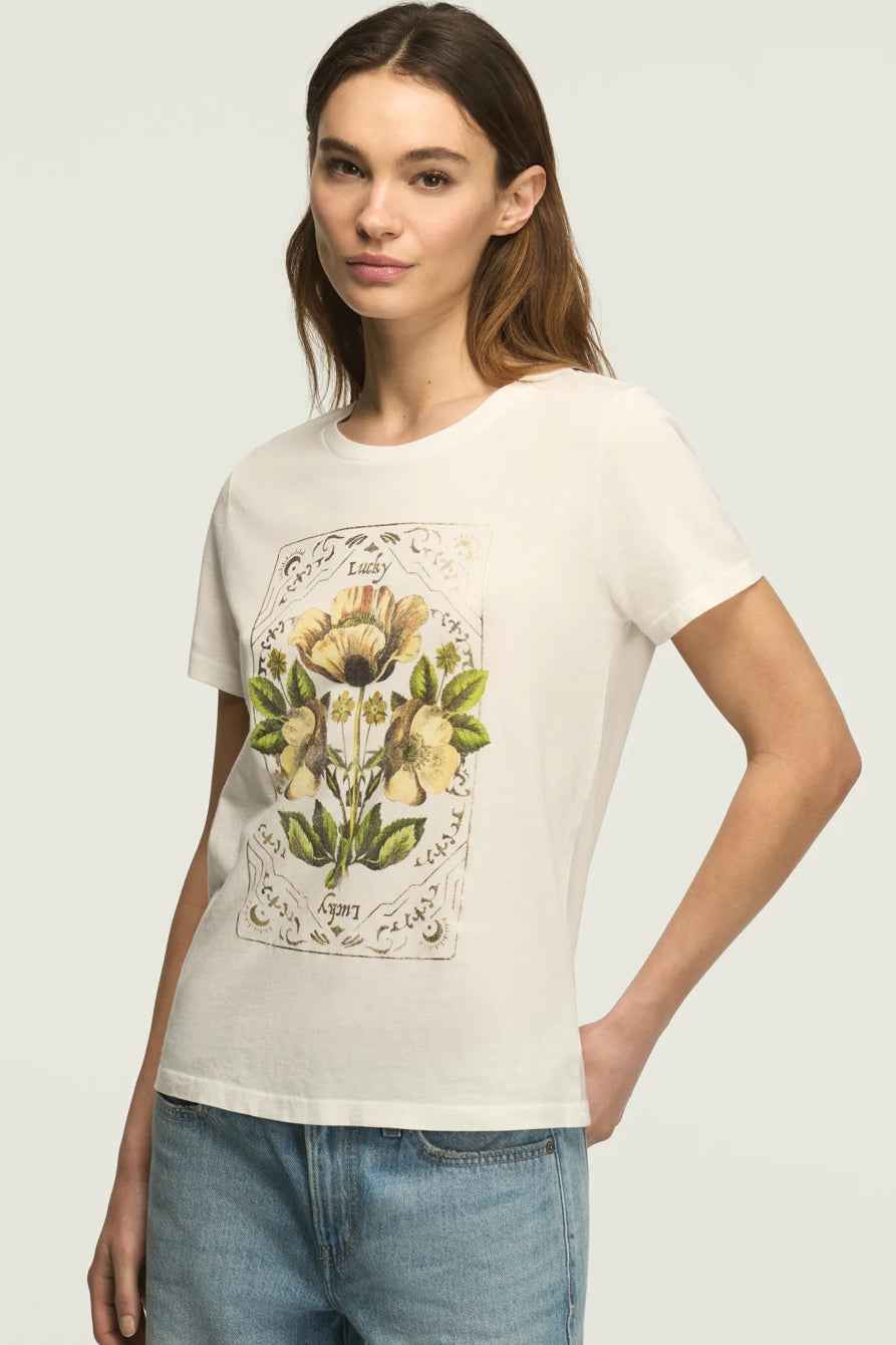 [163123-110] WOMENS LUCKY BRAND FLORAL ORNATE FRAME CLASSIC CREW - BRIGHT WHITE