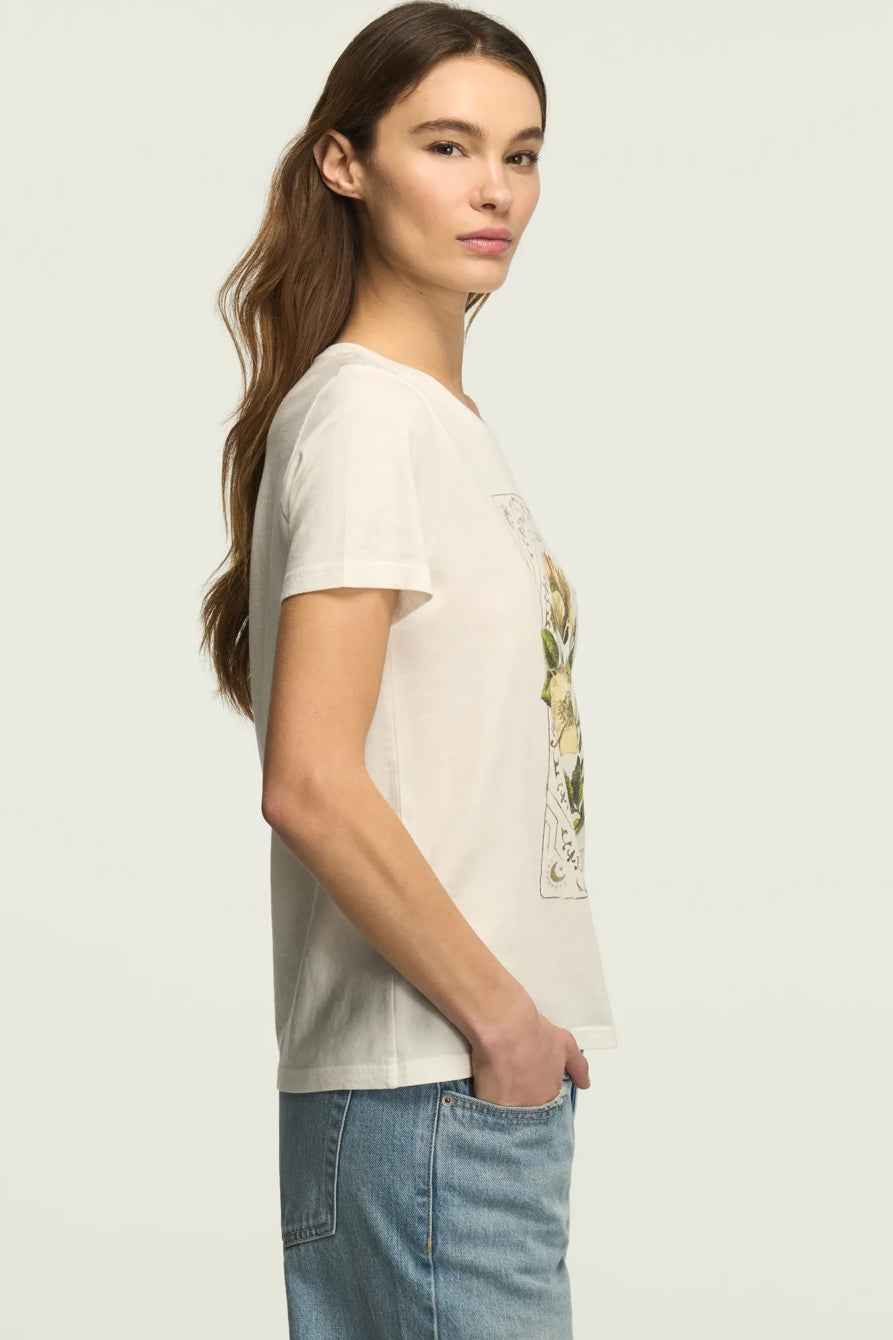 [163123-110] WOMENS LUCKY BRAND FLORAL ORNATE FRAME CLASSIC CREW - BRIGHT WHITE