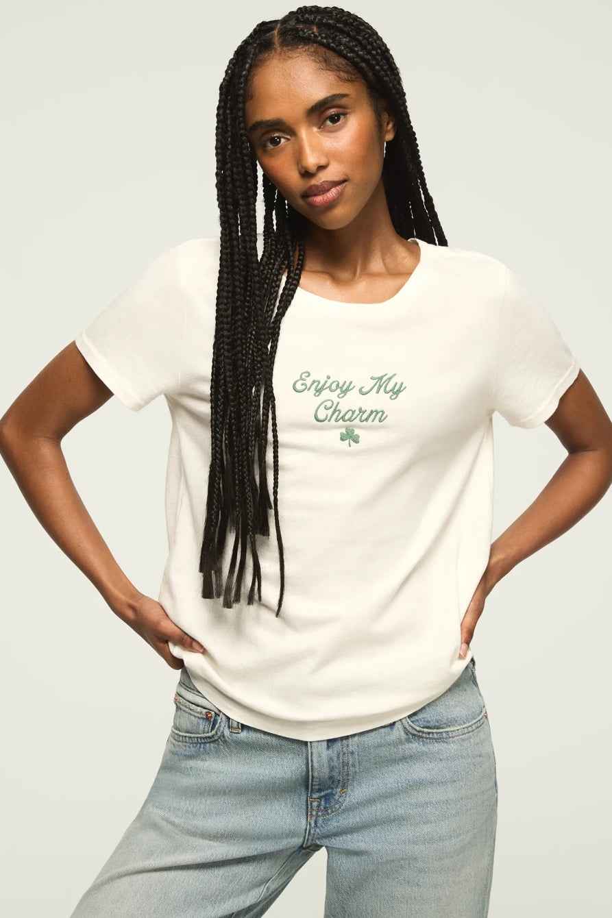[163140-100] WOMENS LUCKY BRAND ENJOY MY CHARM CLASSIC CREW - GARDENIA