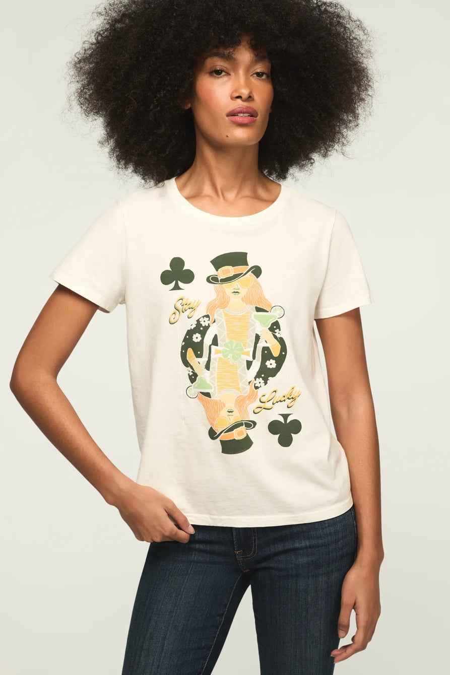 [163141-100] WOMENS LUCKY BRAND STAY LUCKY CARD CLASSIC CREW - GARDENIA