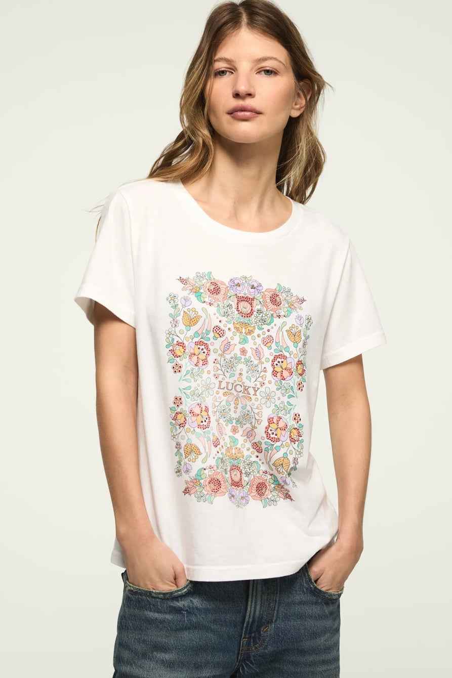 [163160-110] WOMENS LUCKY BRAND FLORAL POSTER EMBELLISHED CLASSIC CREW