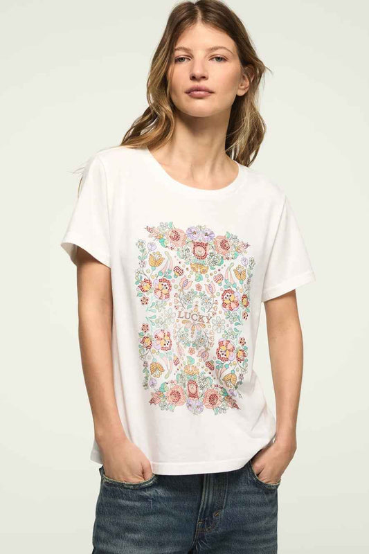 [163160-110] WOMENS LUCKY BRAND FLORAL POSTER EMBELLISHED CLASSIC CREW