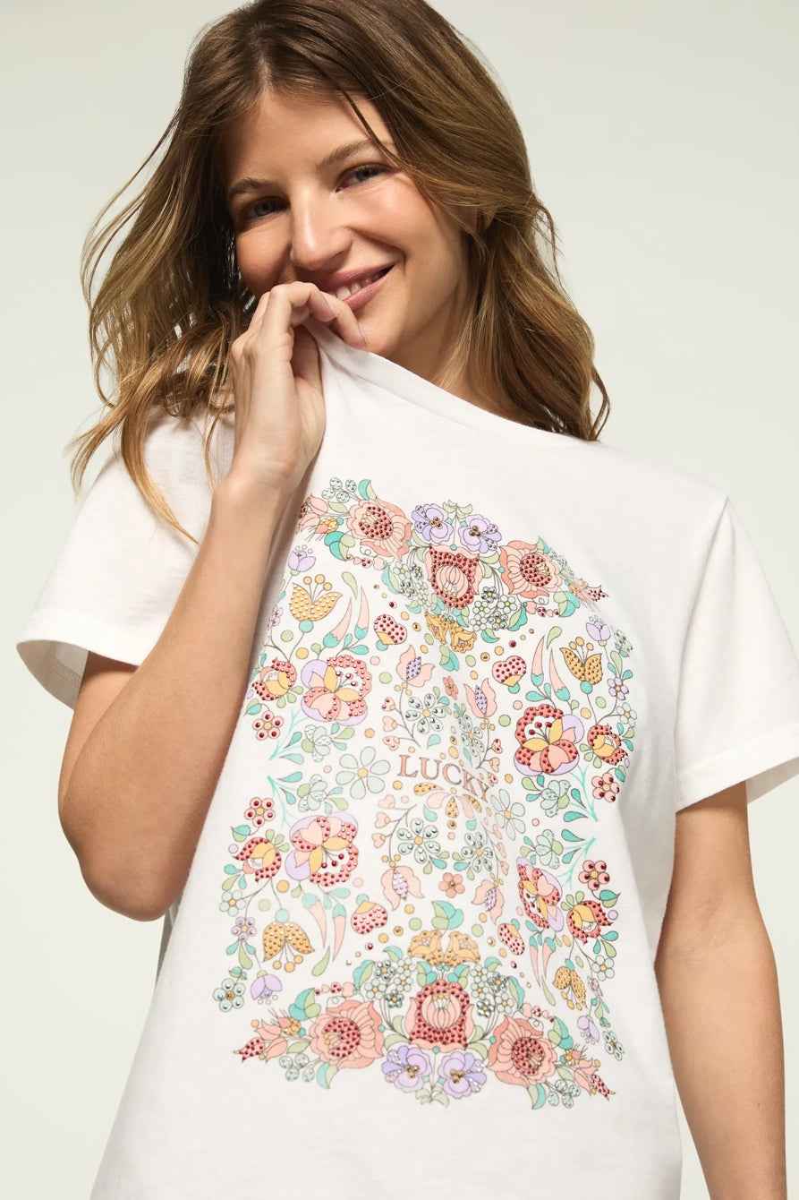[163160-110] WOMENS LUCKY BRAND FLORAL POSTER EMBELLISHED CLASSIC CREW