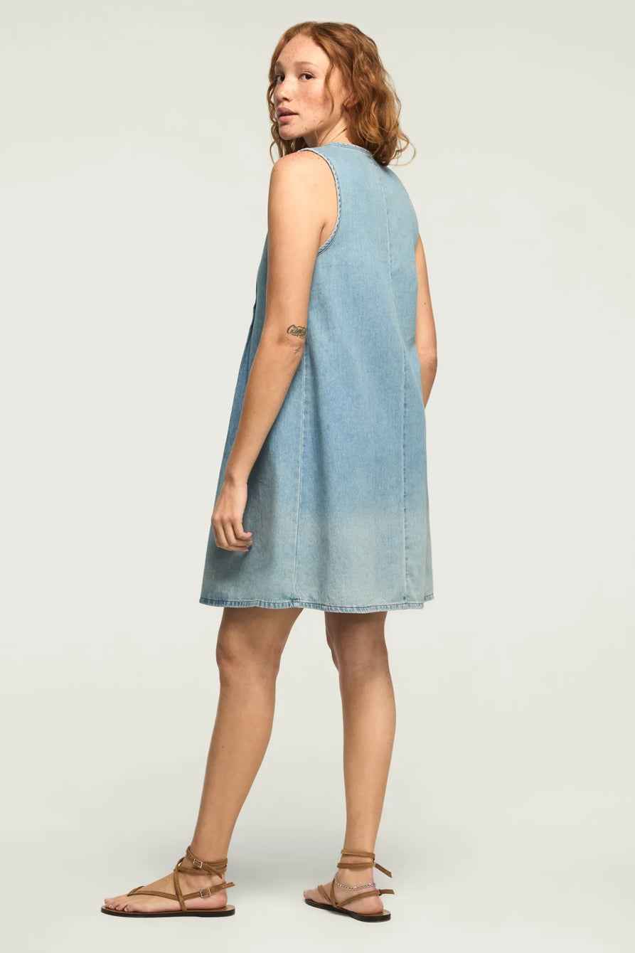 [163329-040] WOMENS LUCKY BRAND PLEATED DENIM MINI DRESS - NICE OUT WASH
