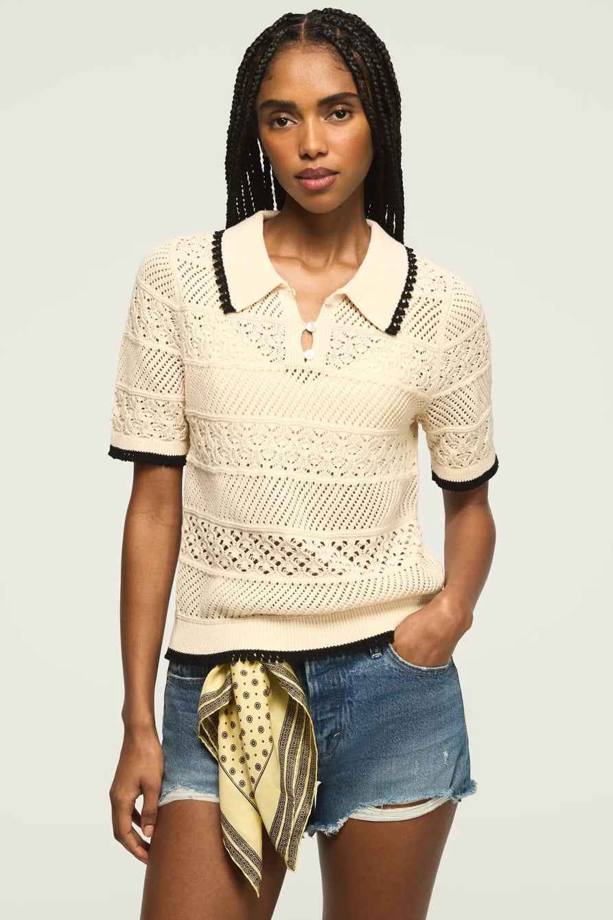[167220-110] WOMENS LUCKY BRAND LACE POLO SWEATER TEE - WHITECAP GRAY