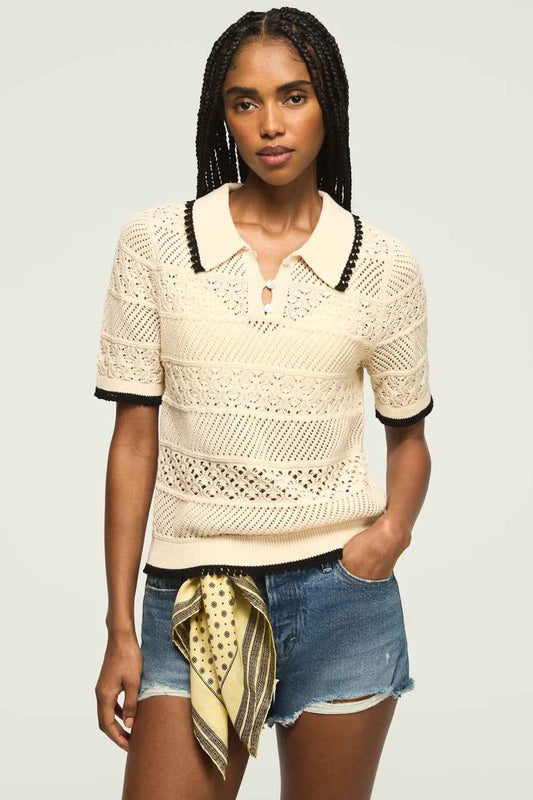 [167220-110] WOMENS LUCKY BRAND LACE POLO SWEATER TEE - WHITECAP GRAY