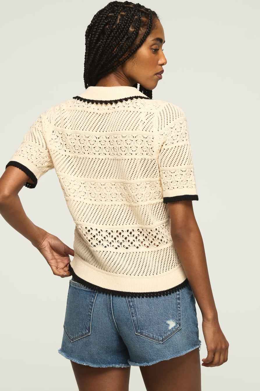 [167220-110] WOMENS LUCKY BRAND LACE POLO SWEATER TEE - WHITECAP GRAY