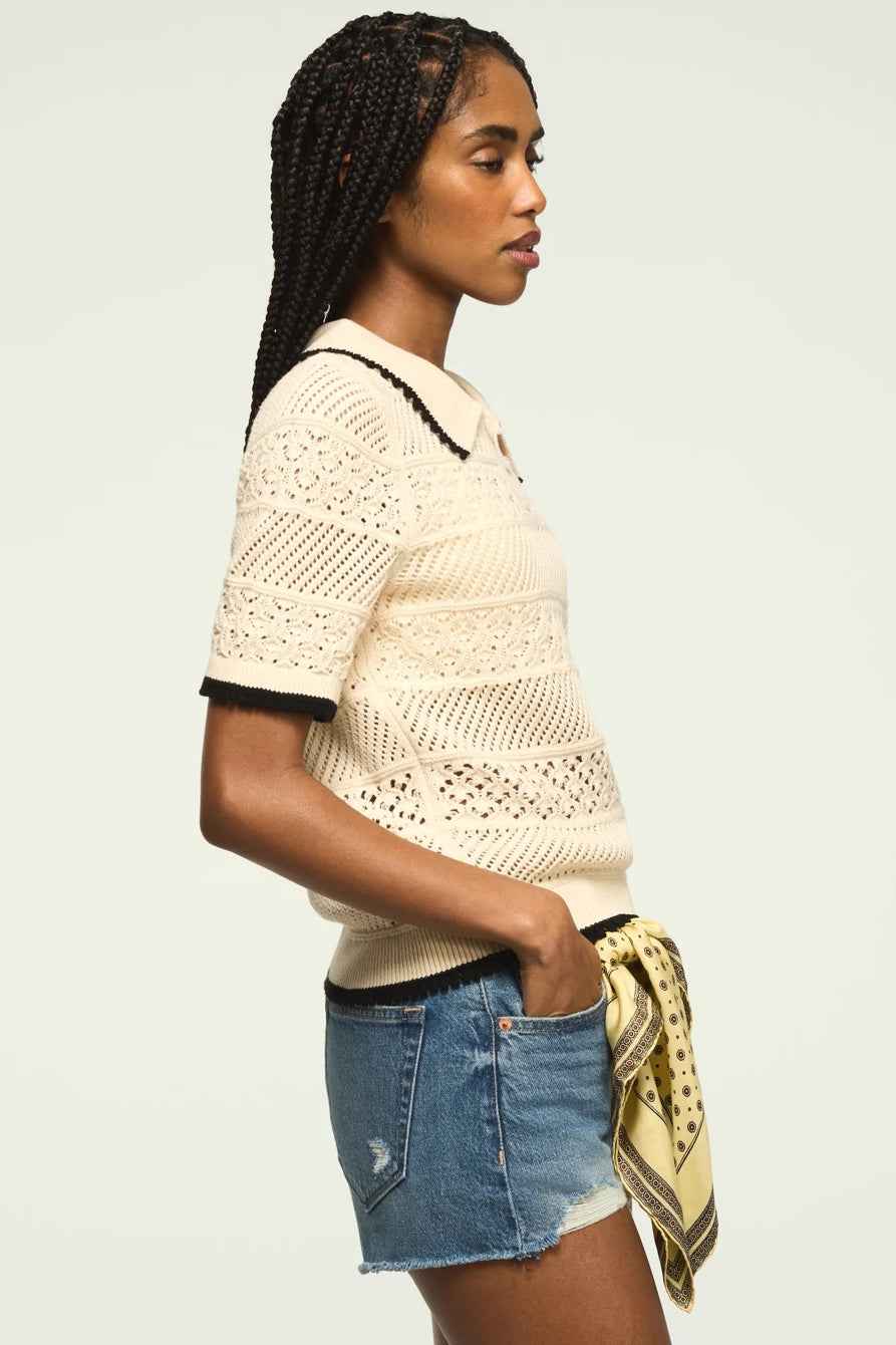 [167220-110] WOMENS LUCKY BRAND LACE POLO SWEATER TEE - WHITECAP GRAY