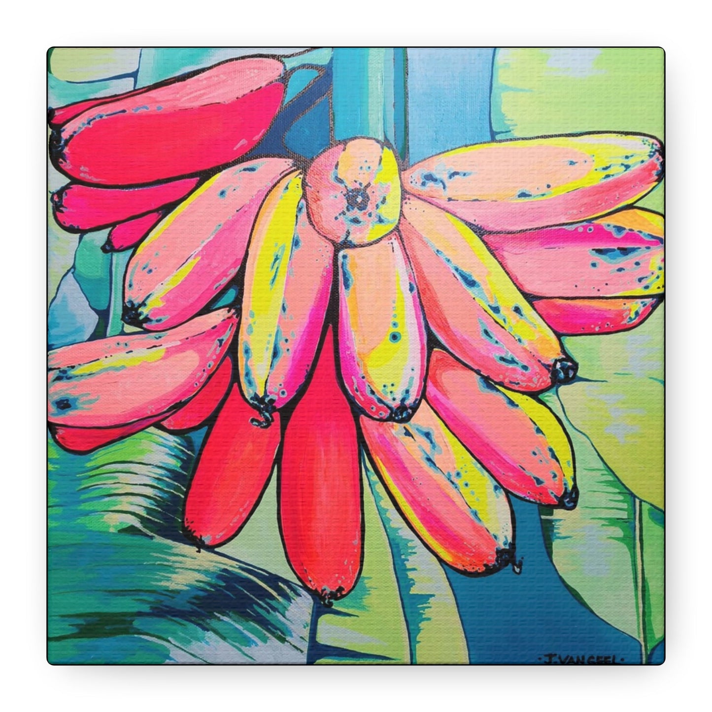 Neon Primitivo Bananas Canvas Print, Original Art Design, Home Decor Wall Art