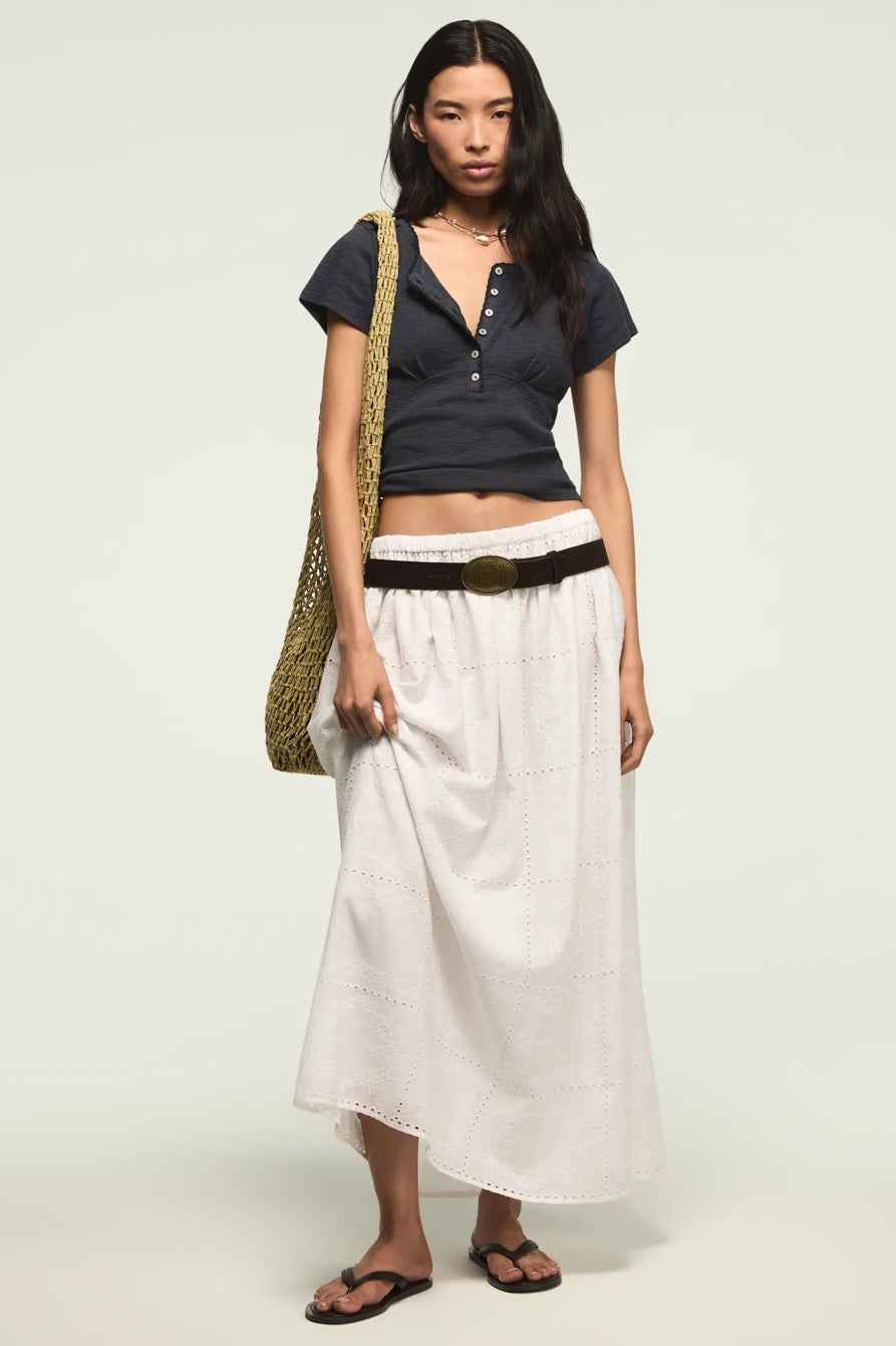 [167405-410] WOMENS LUCKY BRAND CROCHET TRIM SHORT SLEEVE HENLEY - INDIA INK