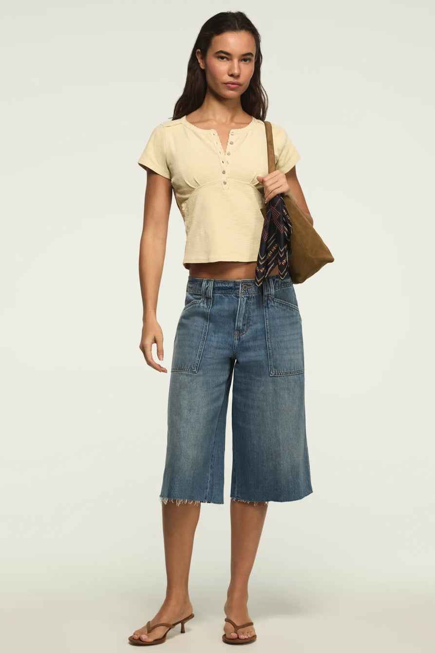 [167405-750] WOMENS LUCKY BRAND CROCHET TRIM SHORT SLEEVE HENLEY - LEMON ICING