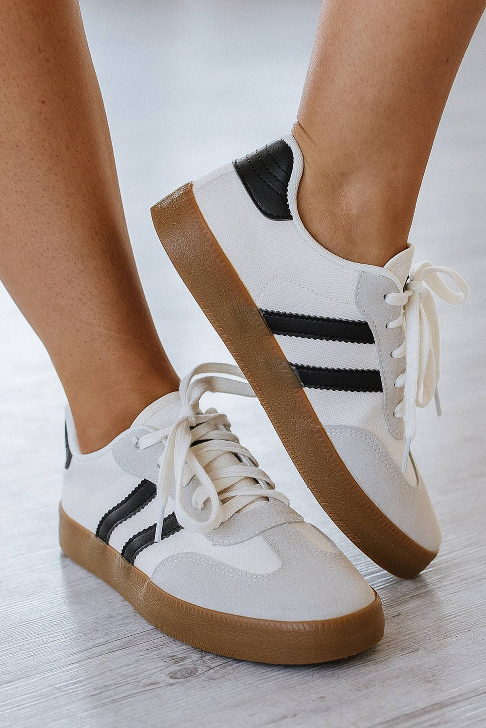 White Striped Lace Up Flat Sneakers For Everyday Comfort