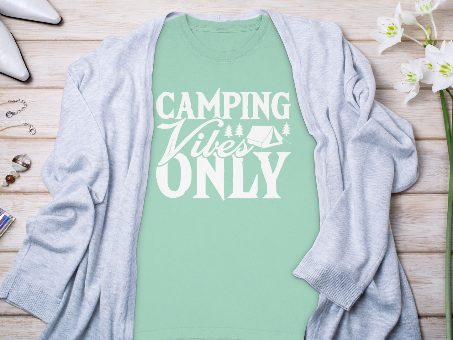 Camping Vibes Only With Tent Graphic Summer Fun Long Sleeve T-Shirt