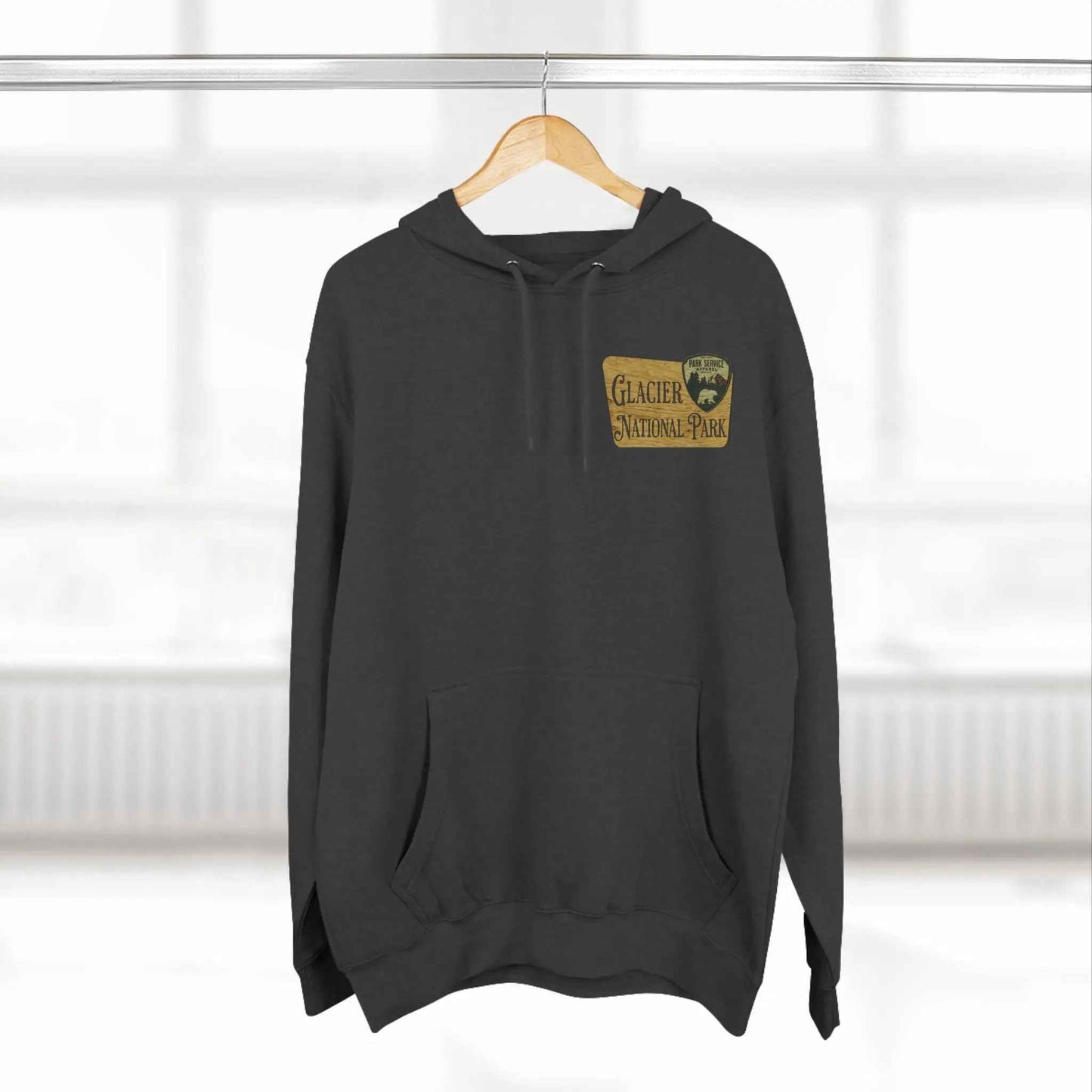 Glacier National Park Unisex Fit Fleece Hoodie Scenic Mountain Goat View Graphic Wooden Sign