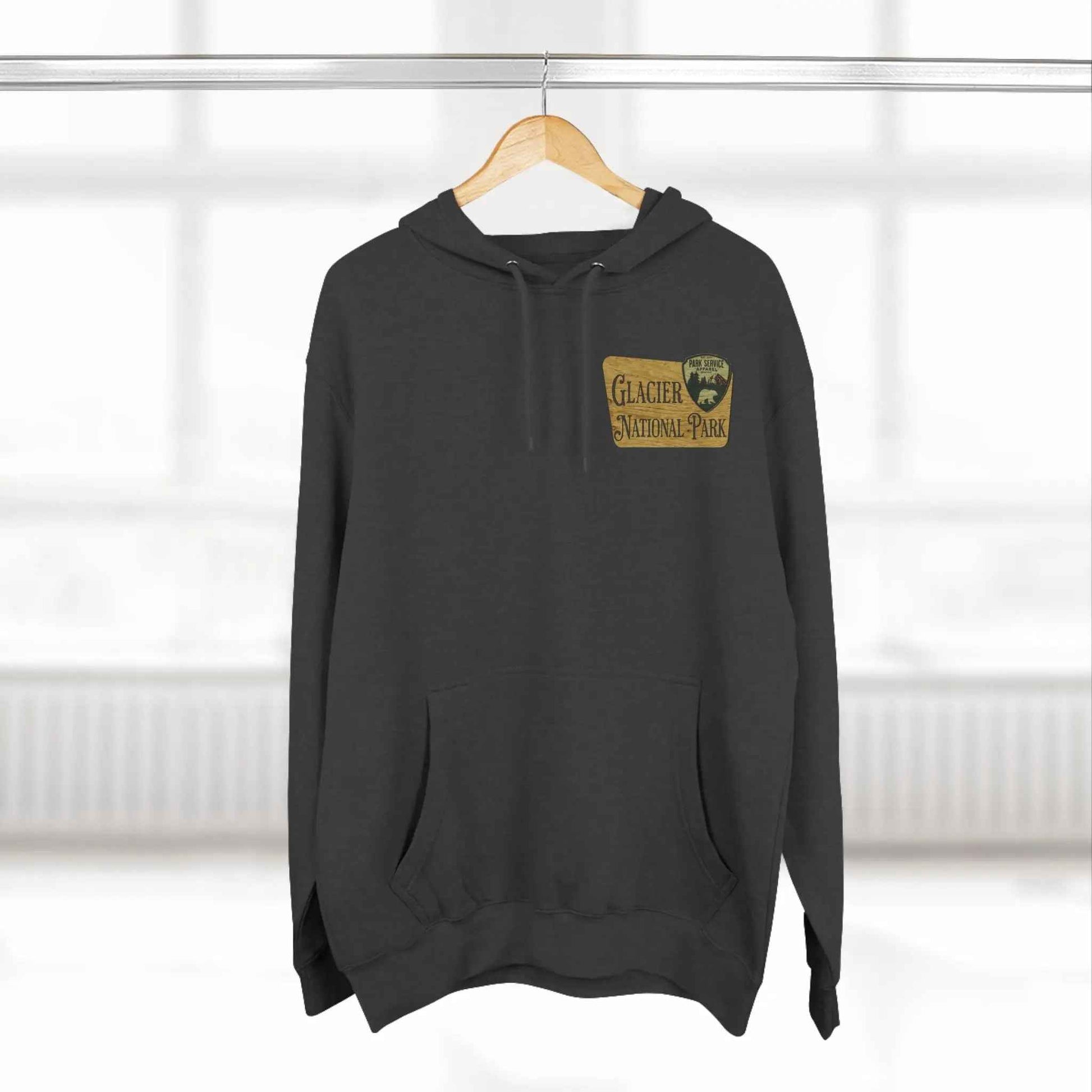 Glacier National Park Unisex Fit Fleece Hoodie Scenic Mountain Goat View Graphic Wooden Sign