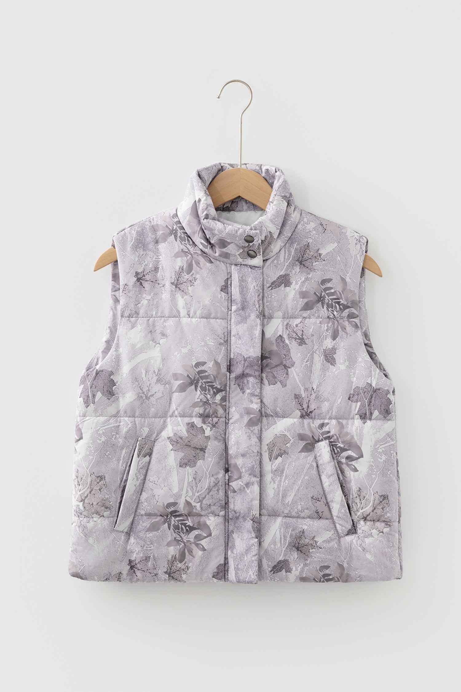 Tessa Camo Leaf Print Winter Puffer Vest - Gray