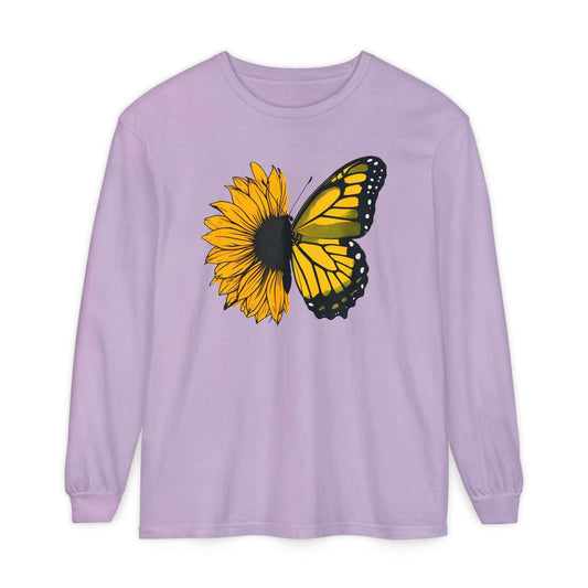 Sunflower Butterfly Long Sleeve Tee - Boho Nature Lover Shirt - Eco-Friendly Spring Fashion
