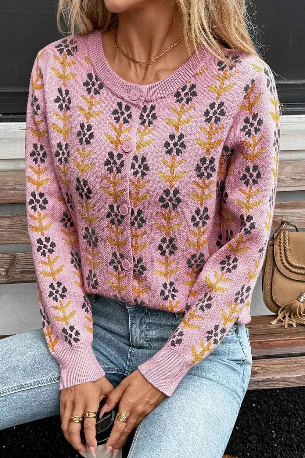 Floral Button-Up Knit Cardigan