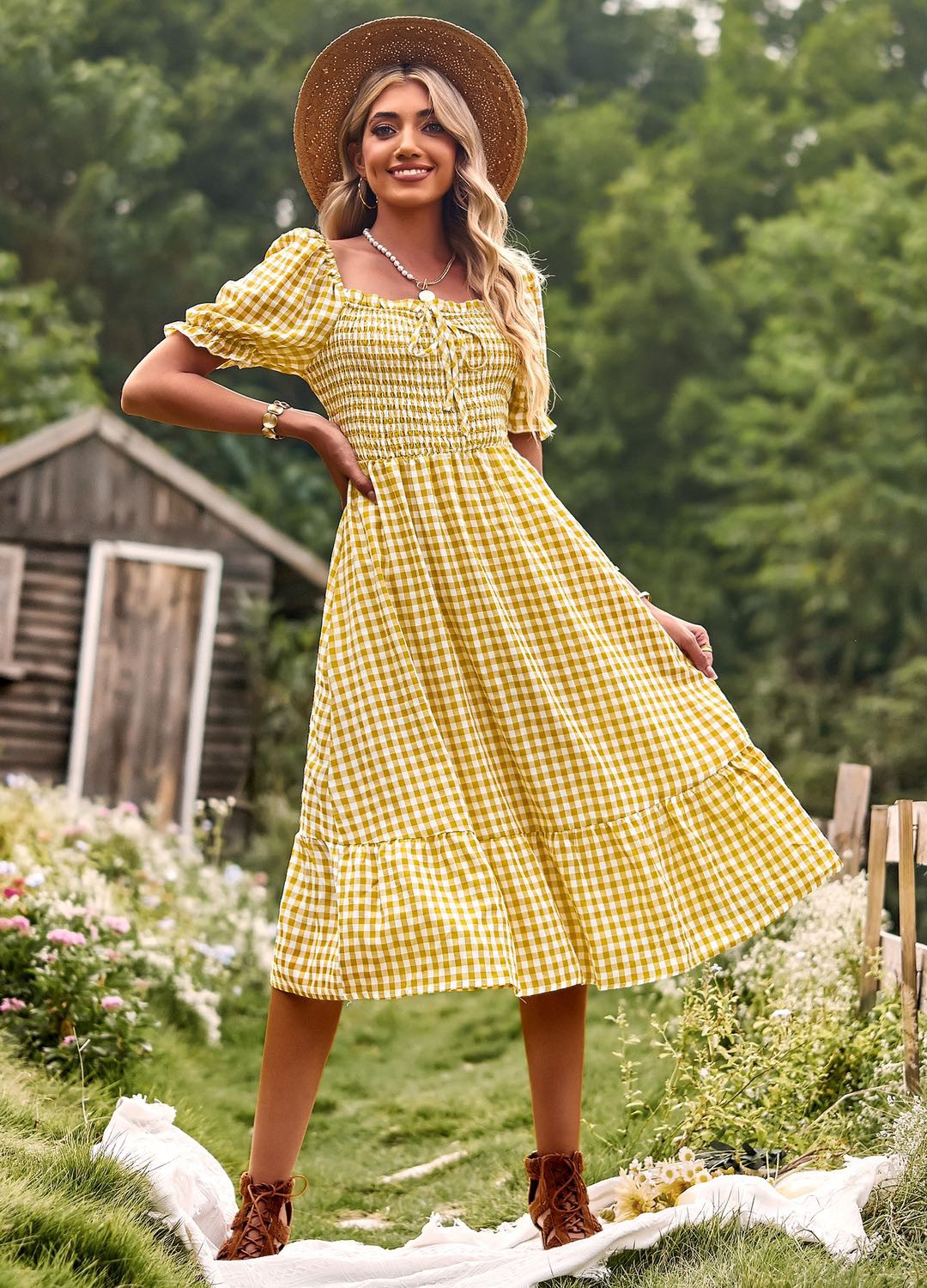 Gingham puff sleeve midi dress