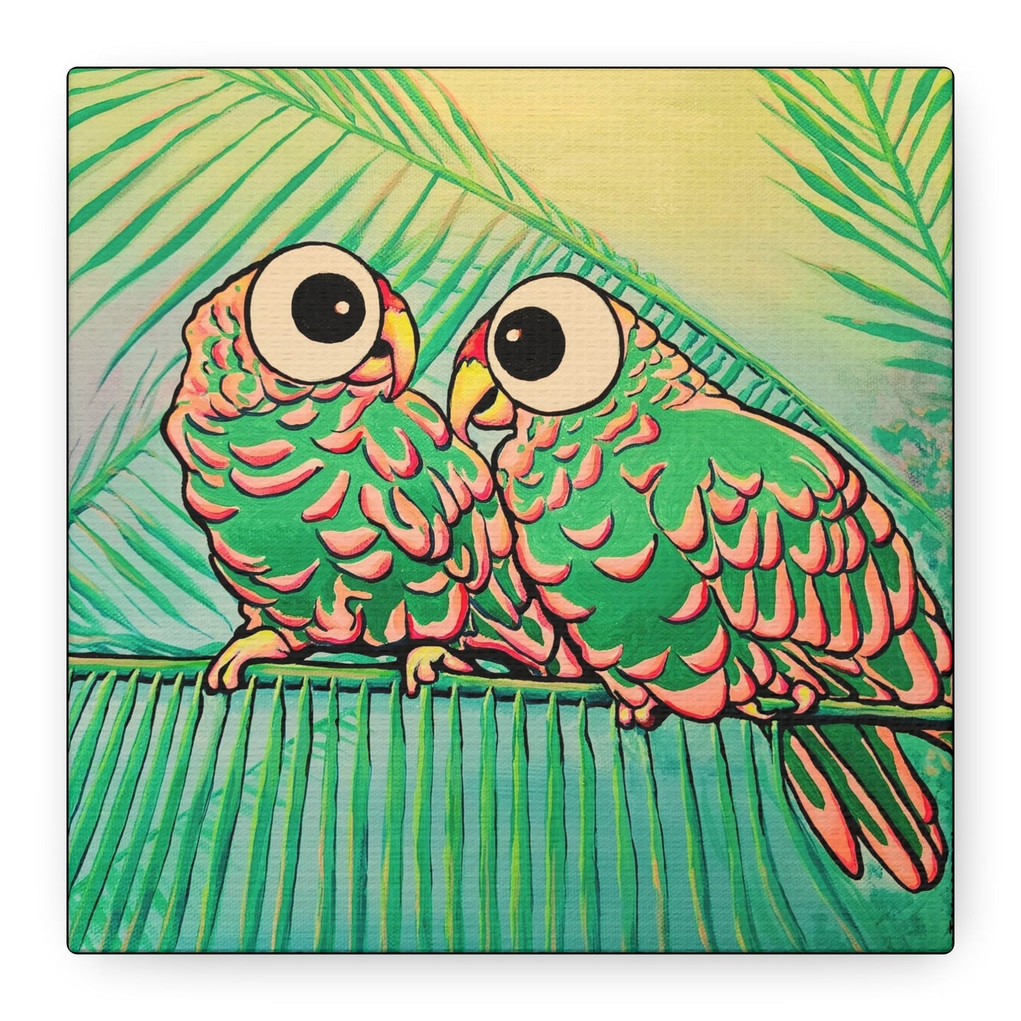 Chatty Cyclops Parrots Original Canvas Art Print, Bird Art, Tropical Vibes