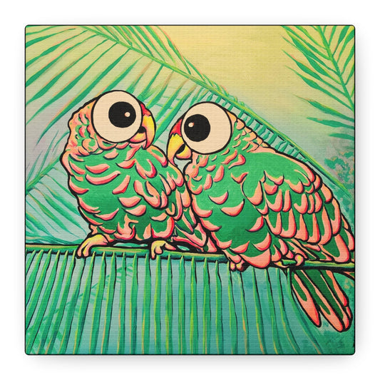 Chatty Cyclops Parrots Original Canvas Art Print, Bird Art, Tropical Vibes
