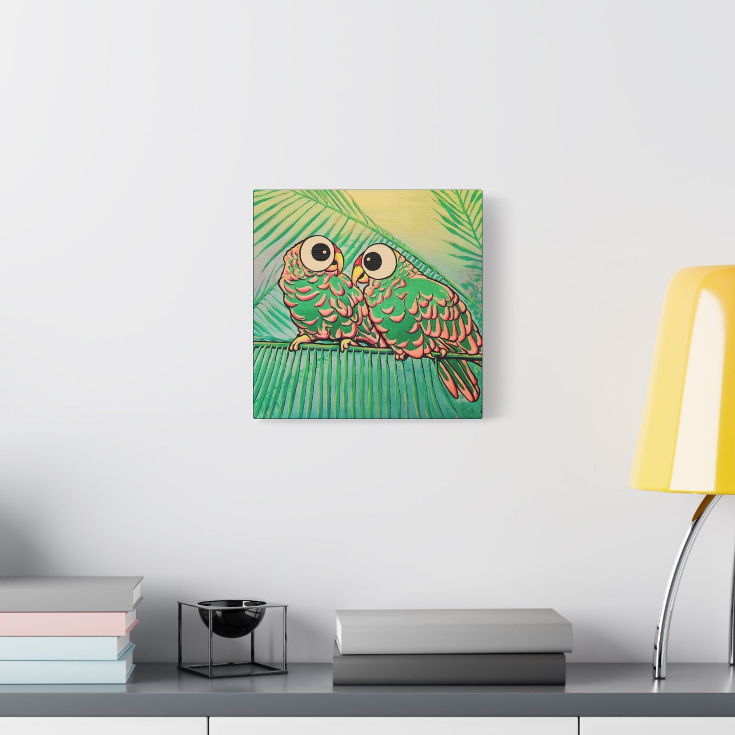 Chatty Cyclops Parrots Original Canvas Art Print, Bird Art, Tropical Vibes