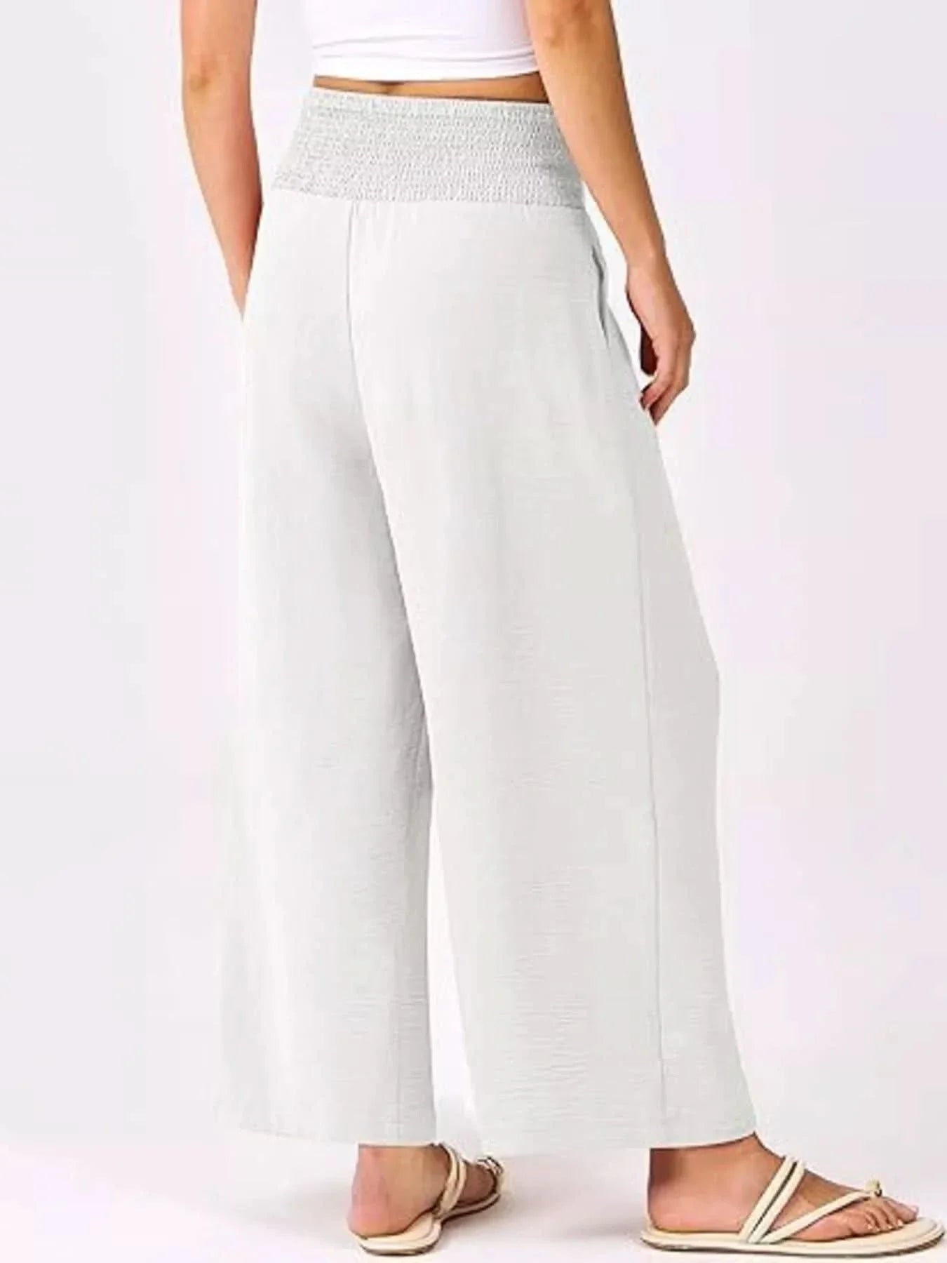 Wide Leg Smocked High Waist Pants With Pockets Polyester