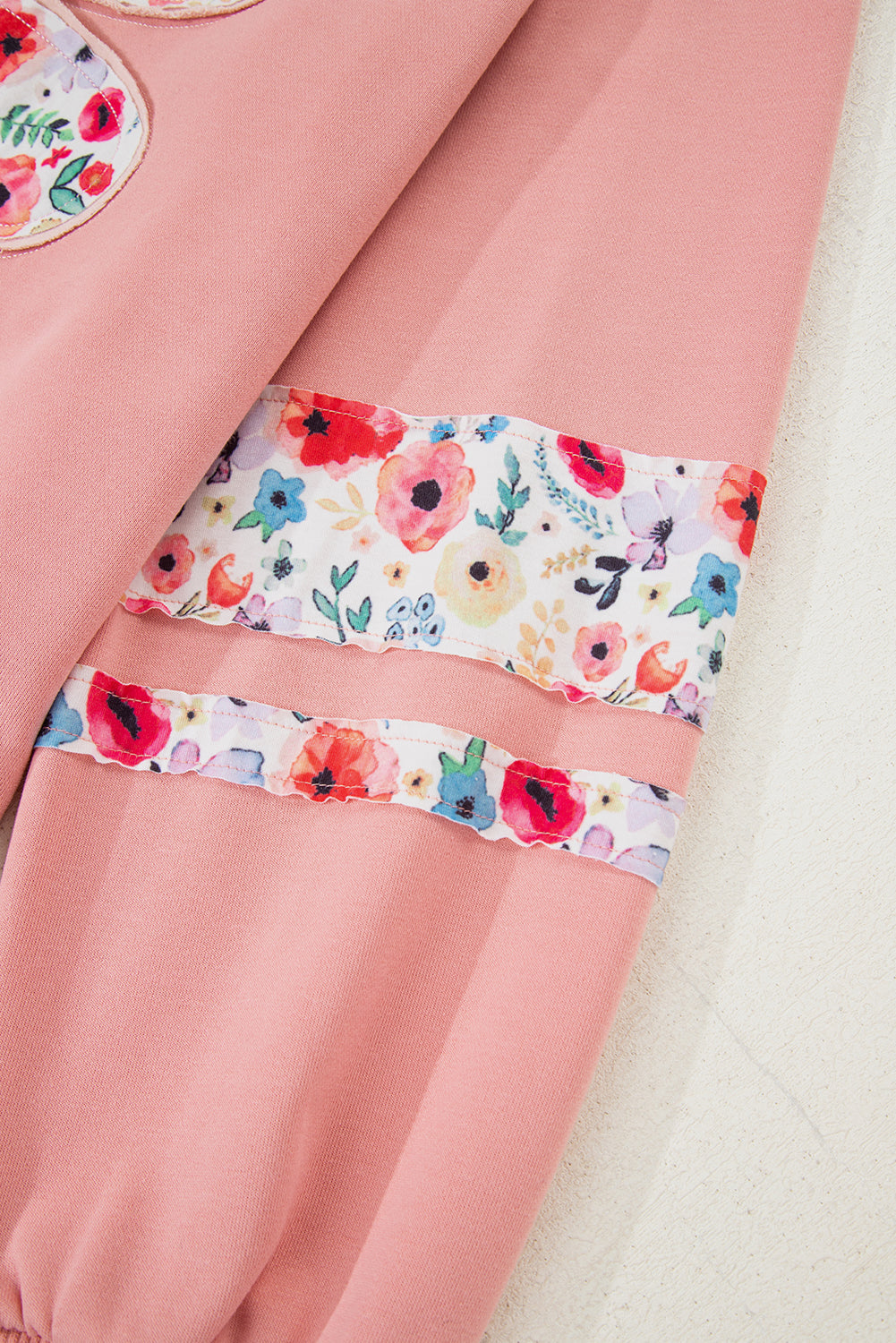 Peach Blossom Flower Applique Patchwork Drop Sleeve Pullover Sweatshirt