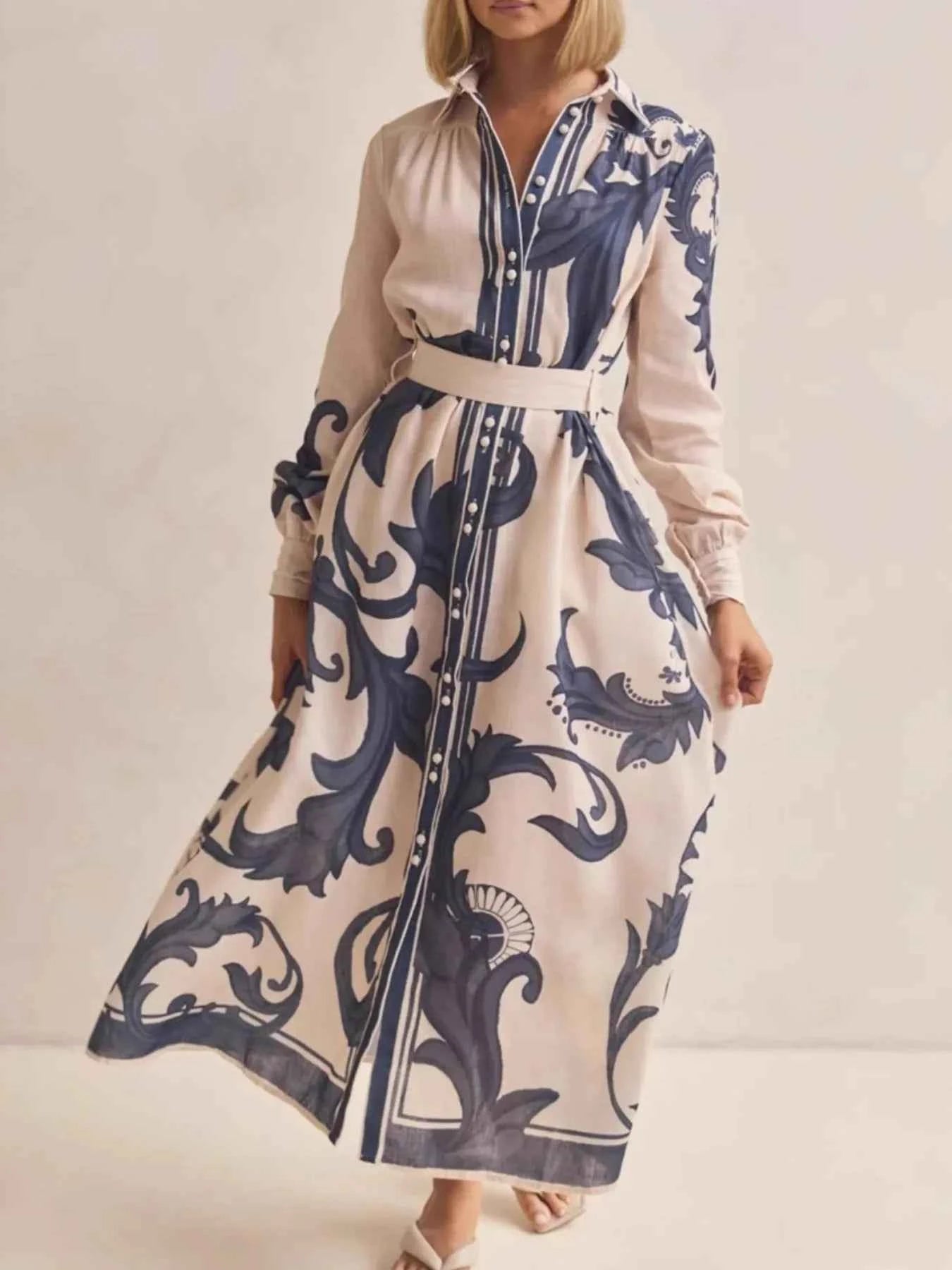 Printed Button Down Belted Shirt Dress