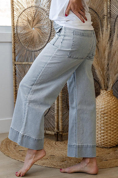 Sky Blue Striped Button Flap Pocket Wide Leg Denim Jeans
